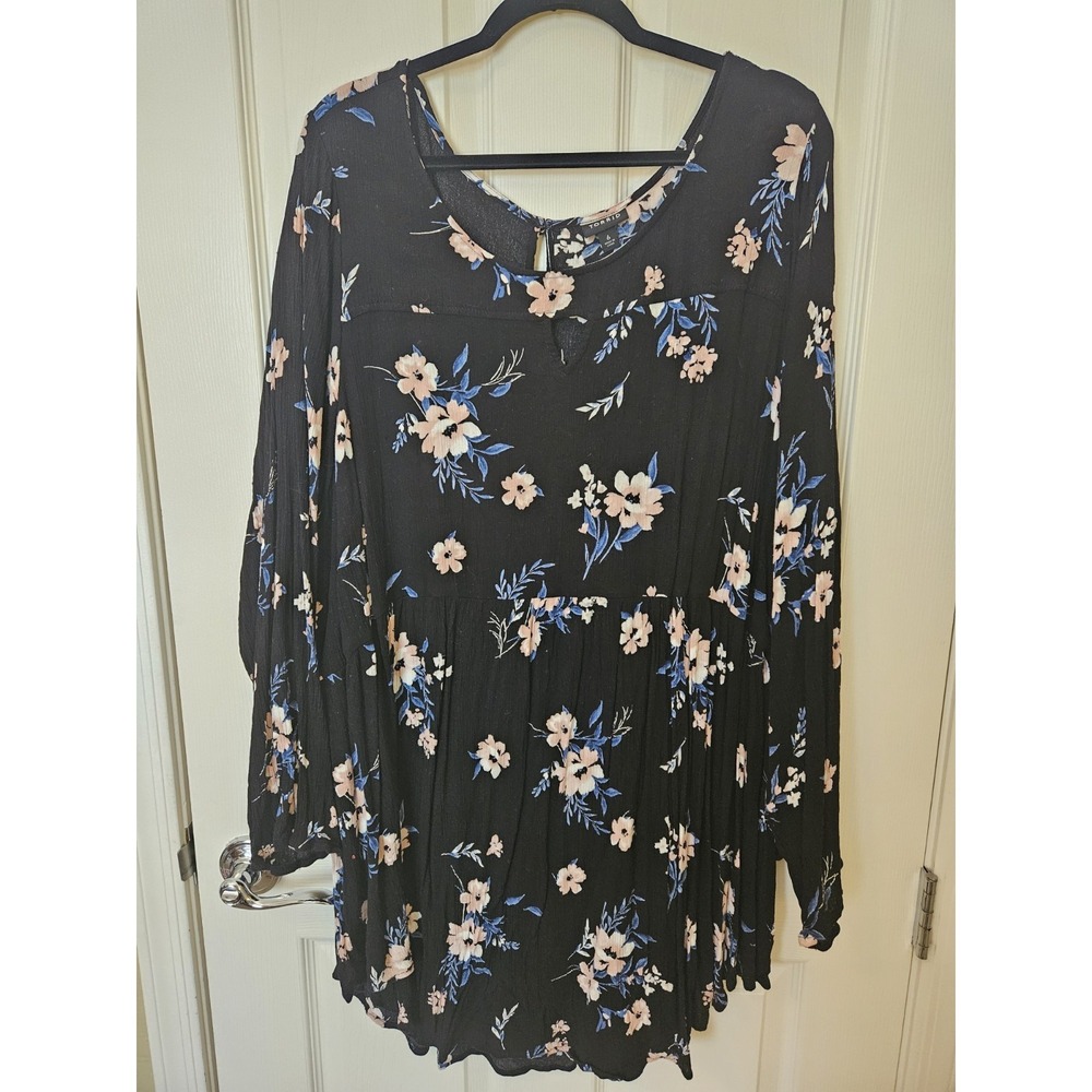 Torrid Black Floral Print Long Sleeve Gauzy Keyhole Tunic Top, Plus 6X